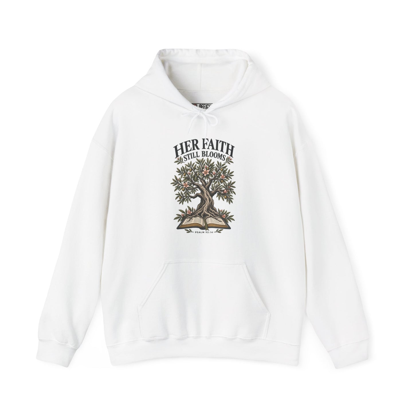 Shop the Her Faith Still Blooms Christian Hoodie. A graceful celebration of enduring faith, inspired by Psalm 92:14. 