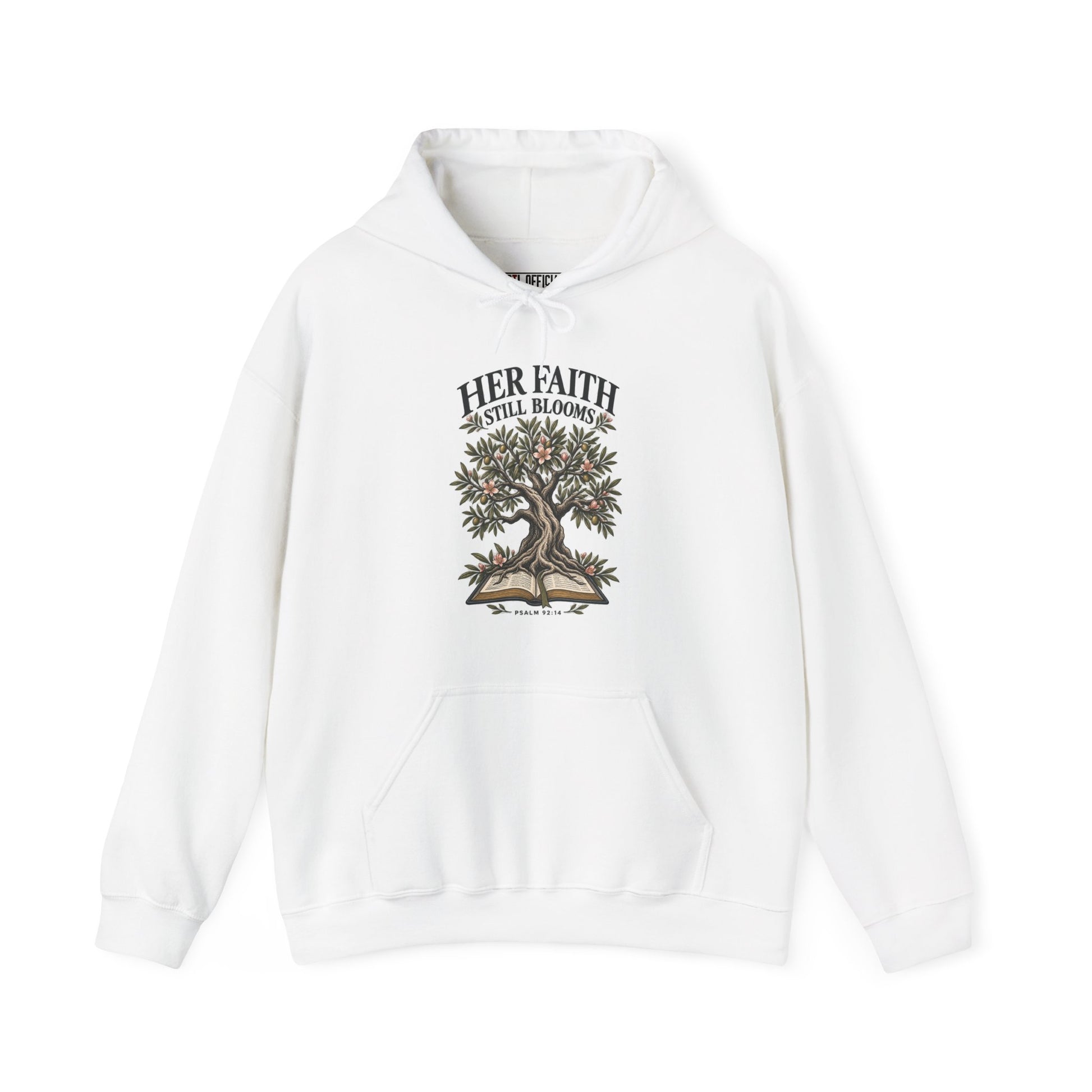 Shop the Her Faith Still Blooms Christian Hoodie. A graceful celebration of enduring faith, inspired by Psalm 92:14. 