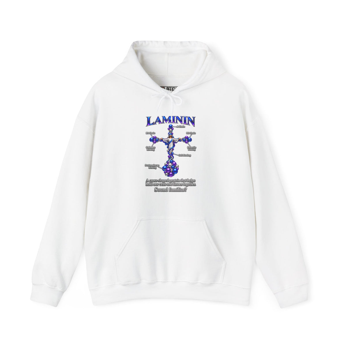 LAMININ Cross Design – Christian Hoodie. A striking cobalt-blue, violet, and silver design featuring Jesus within a stylized, labeled laminin molecular cross.