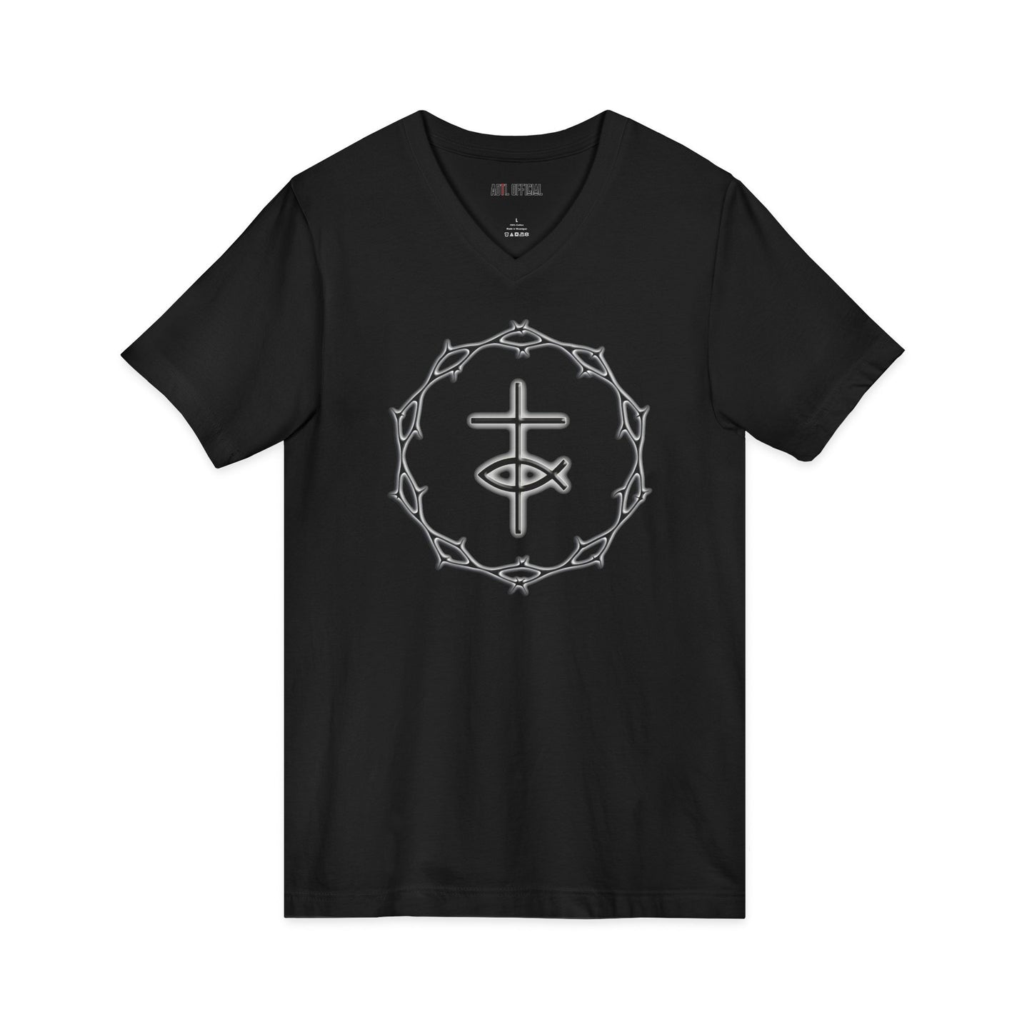 Circle of Thorn with Cross & Fish  V-Neck Tee