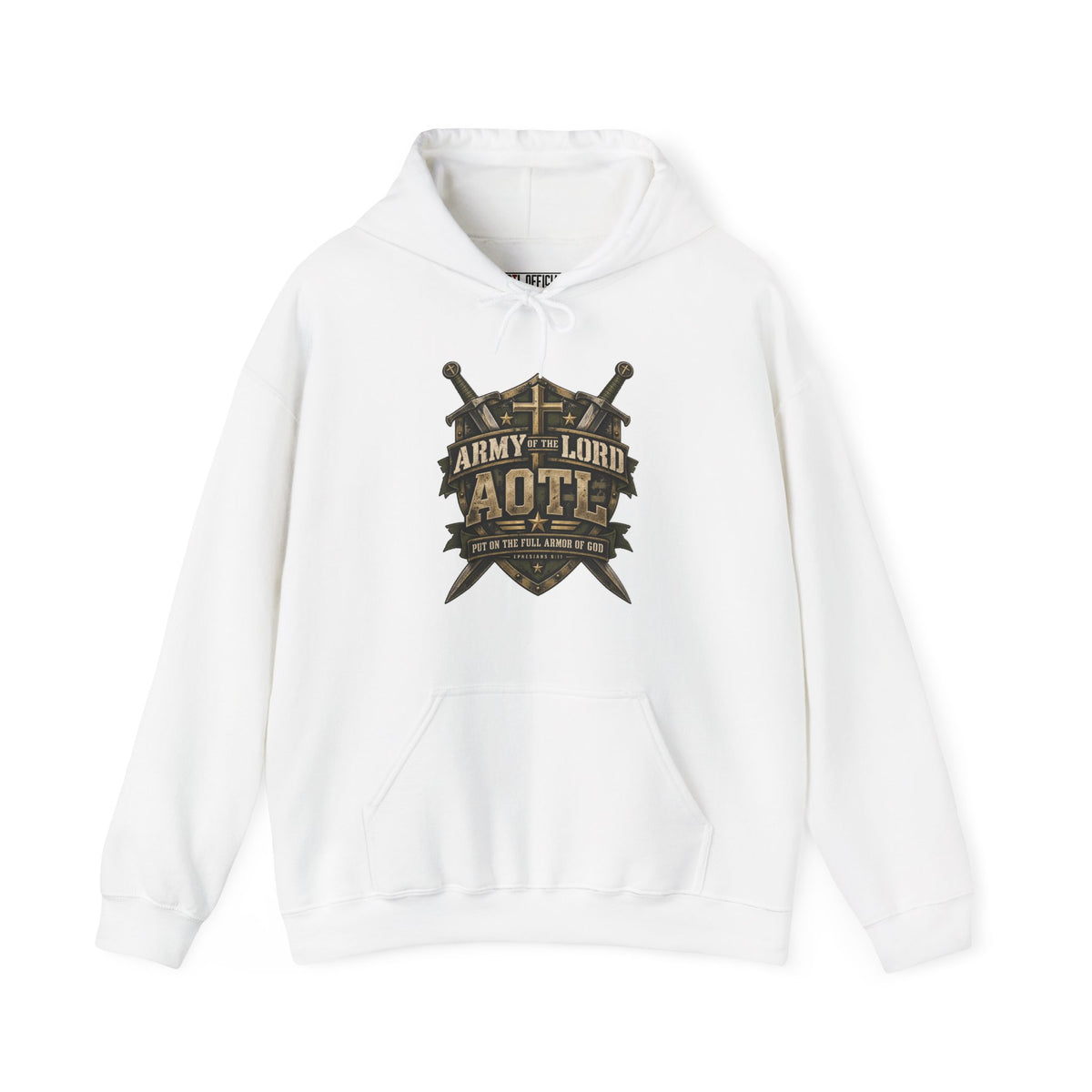 AOTL — Full Armor of God Christian Hoodie. A rugged shield, crossed swords, and bold lettering create a powerful expression of steadfast faith.