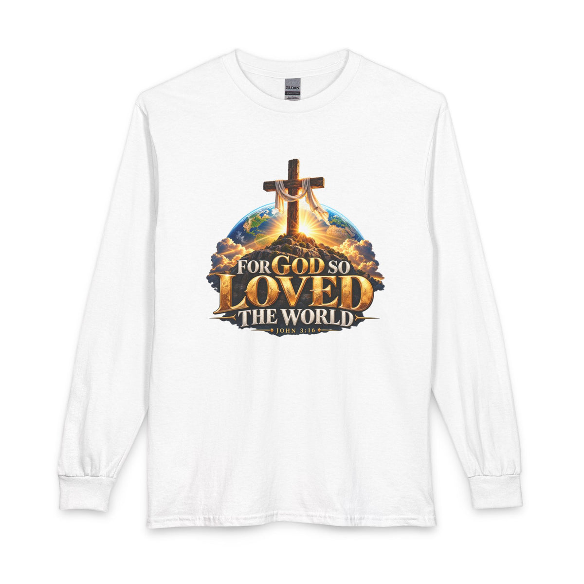 Shop the For God So Loved the World – John 3:16 Christian Long Sleeve Shirt, A powerful Christian design featuring a wooden cross, radiant light, and the earth.