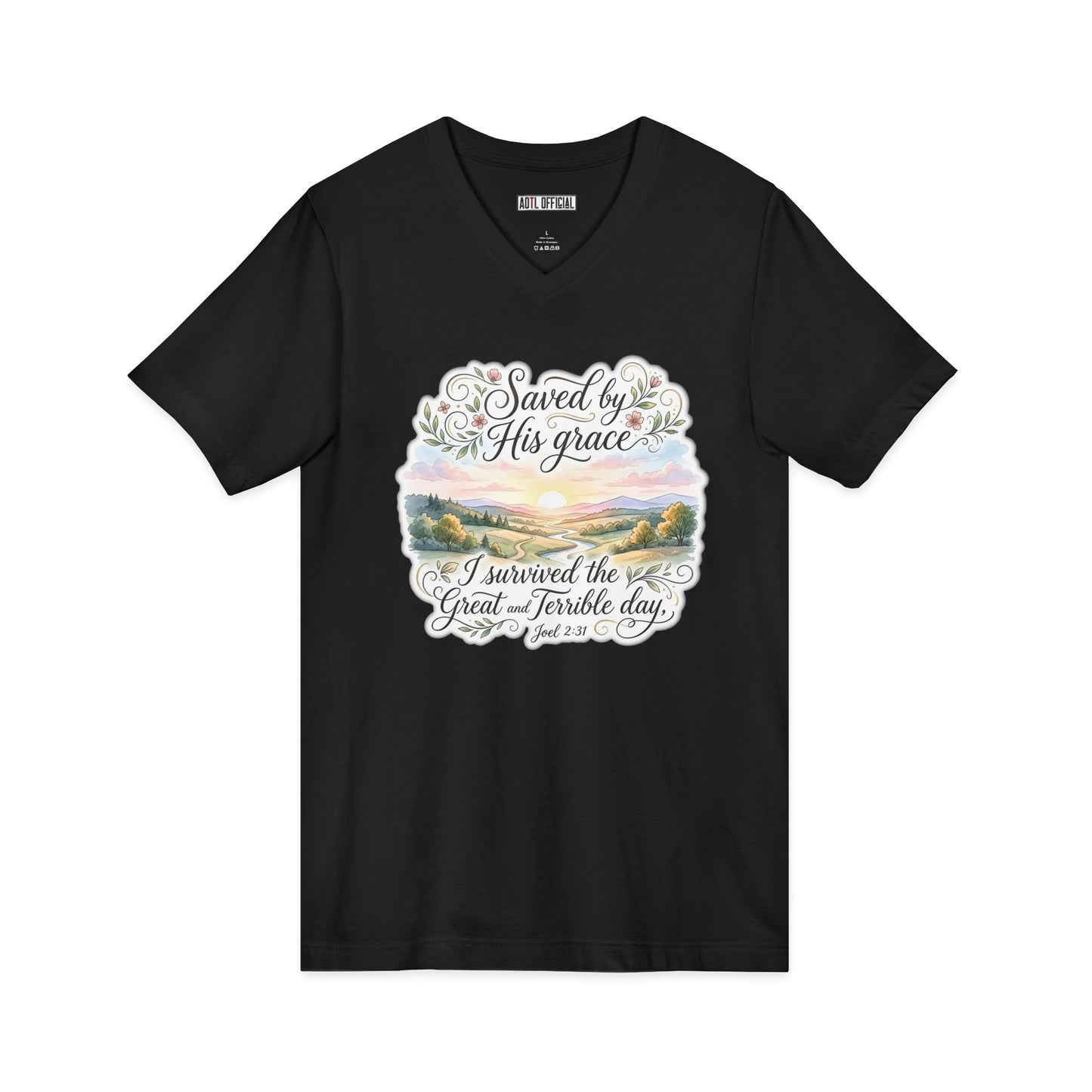 Grace Beyond the Horizon – I Survived the Great and Terrible Day (Joel 2:31) V-Neck Tee