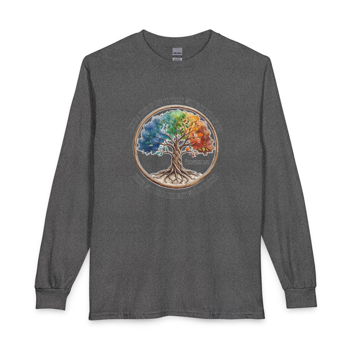 Colorful Tree Of Life featuring Proverbs 3:18 Christian Long Sleeve Shirt