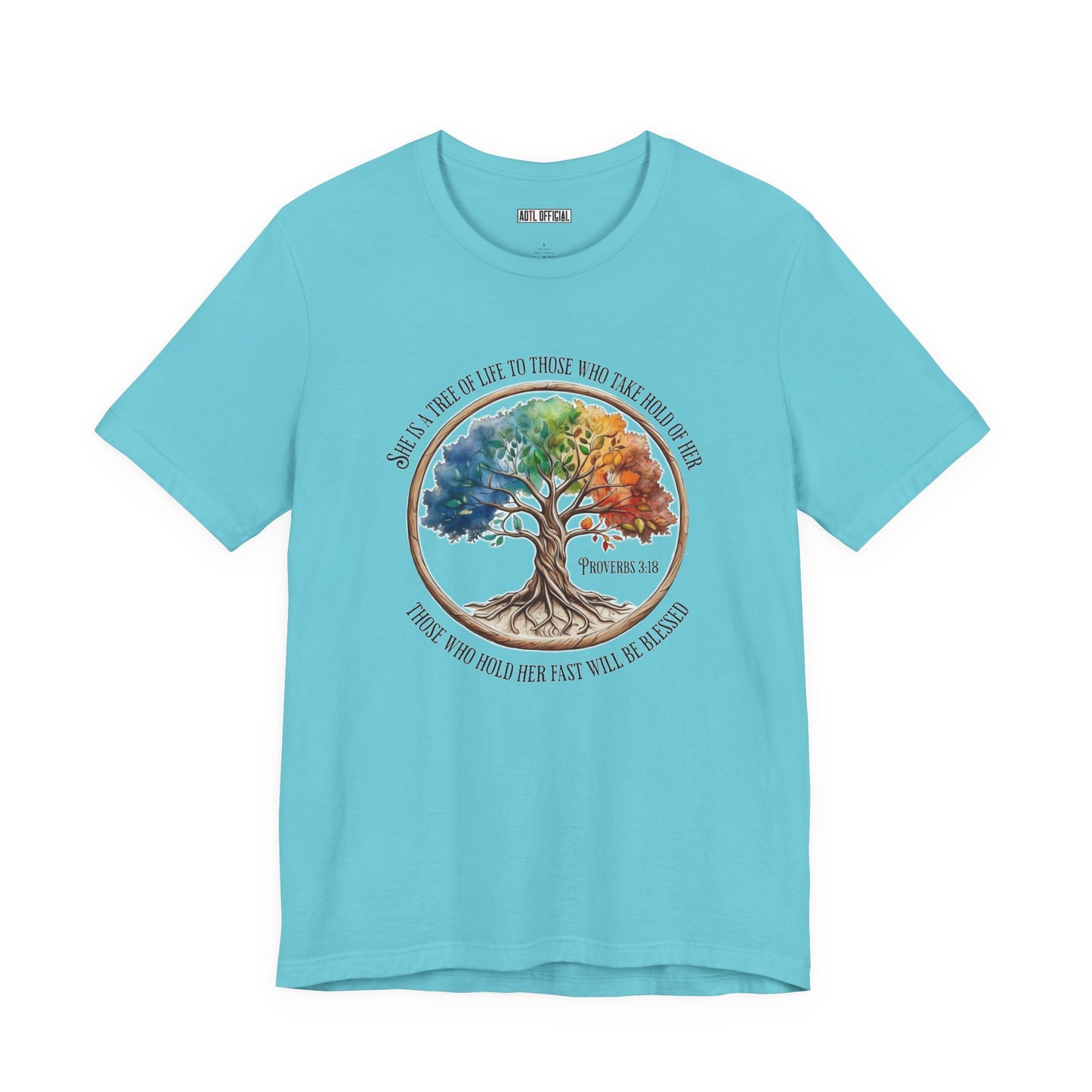 Colorful Tree Of Life featuring Proverbs 3:18  Unisex Short Sleeve Tee