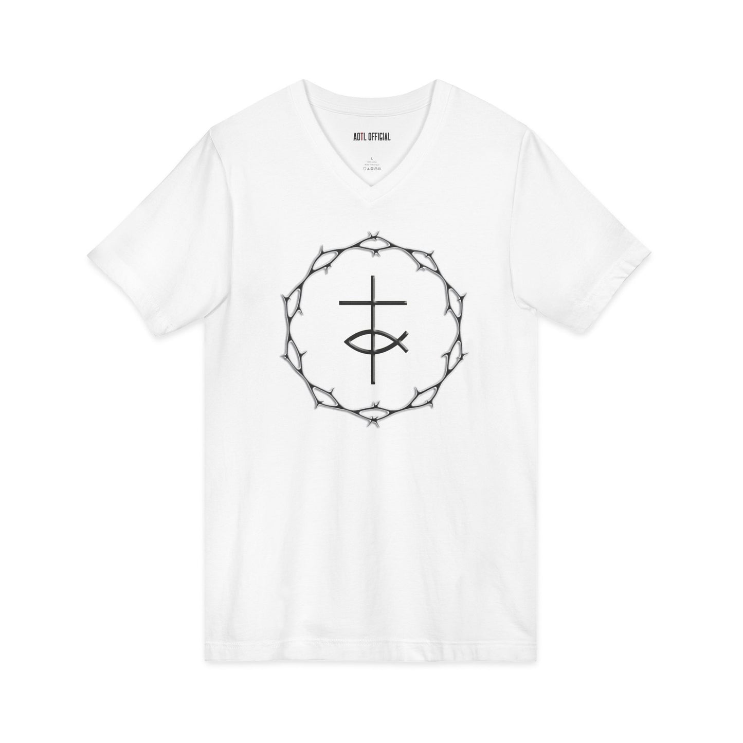 Circle of Thorn with Cross & Fish  V-Neck Tee
