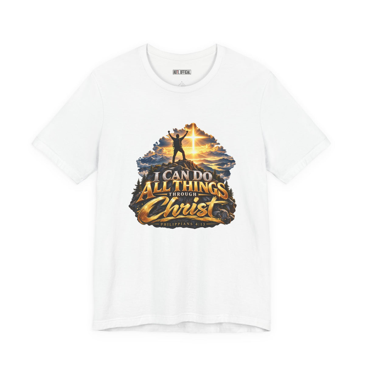 An inspiring Christian design featuring a victorious figure standing atop a mountain beneath a radiant cross. Inspired by Philippians 4:13.
