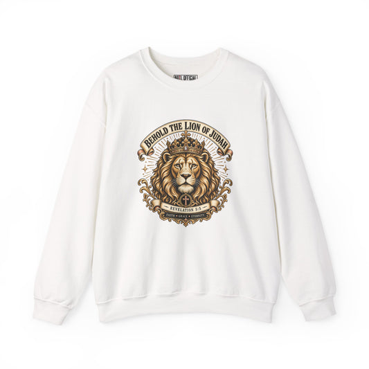 Behold the Lion of Judah — Revelation 5:5 Christian  Sweatshirt. A powerful tribute to Jesus Christ, the conquering Lion of Judah and King of Kings. 