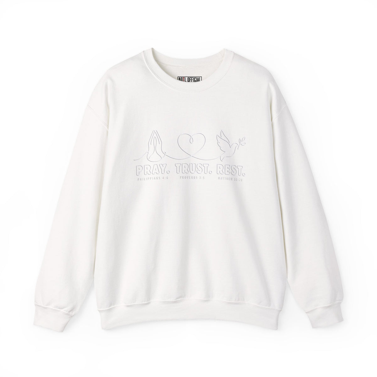 Shop the Pray. Trust. Rest. Christian  Sweatshirt. A simple three-part reminder for every season of life: pray about it, trust God with it, and rest in Him.