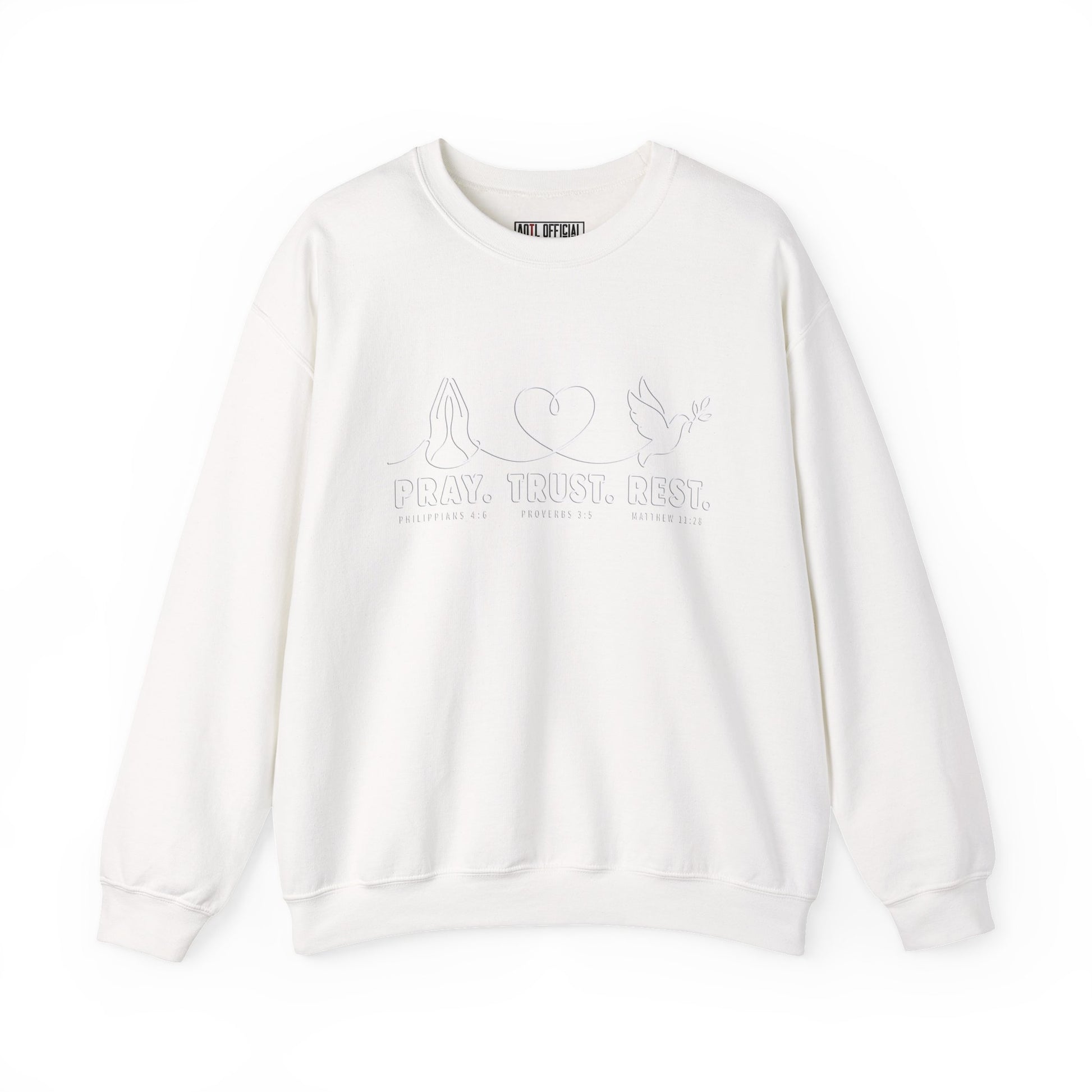 Shop the Pray. Trust. Rest. Christian  Sweatshirt. A simple three-part reminder for every season of life: pray about it, trust God with it, and rest in Him.