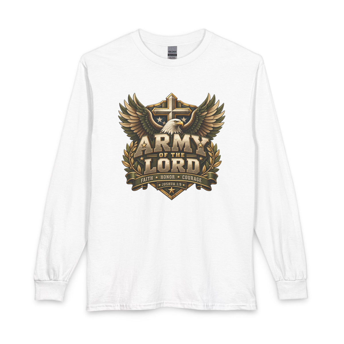 Faith, Honor & Courage Christian Shirt. Inspired by Joshua 1:9, this design encourages you to live with honor and face each day knowing God is with you.