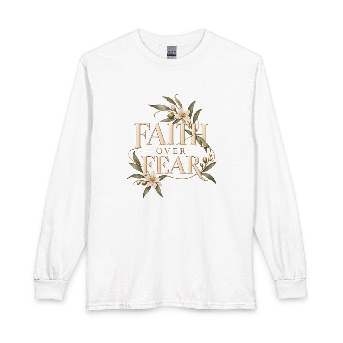 Shop the Faith Over Fear Christian Long Sleeve Shirt. A graceful declaration for anyone choosing faith in the face of uncertainty.