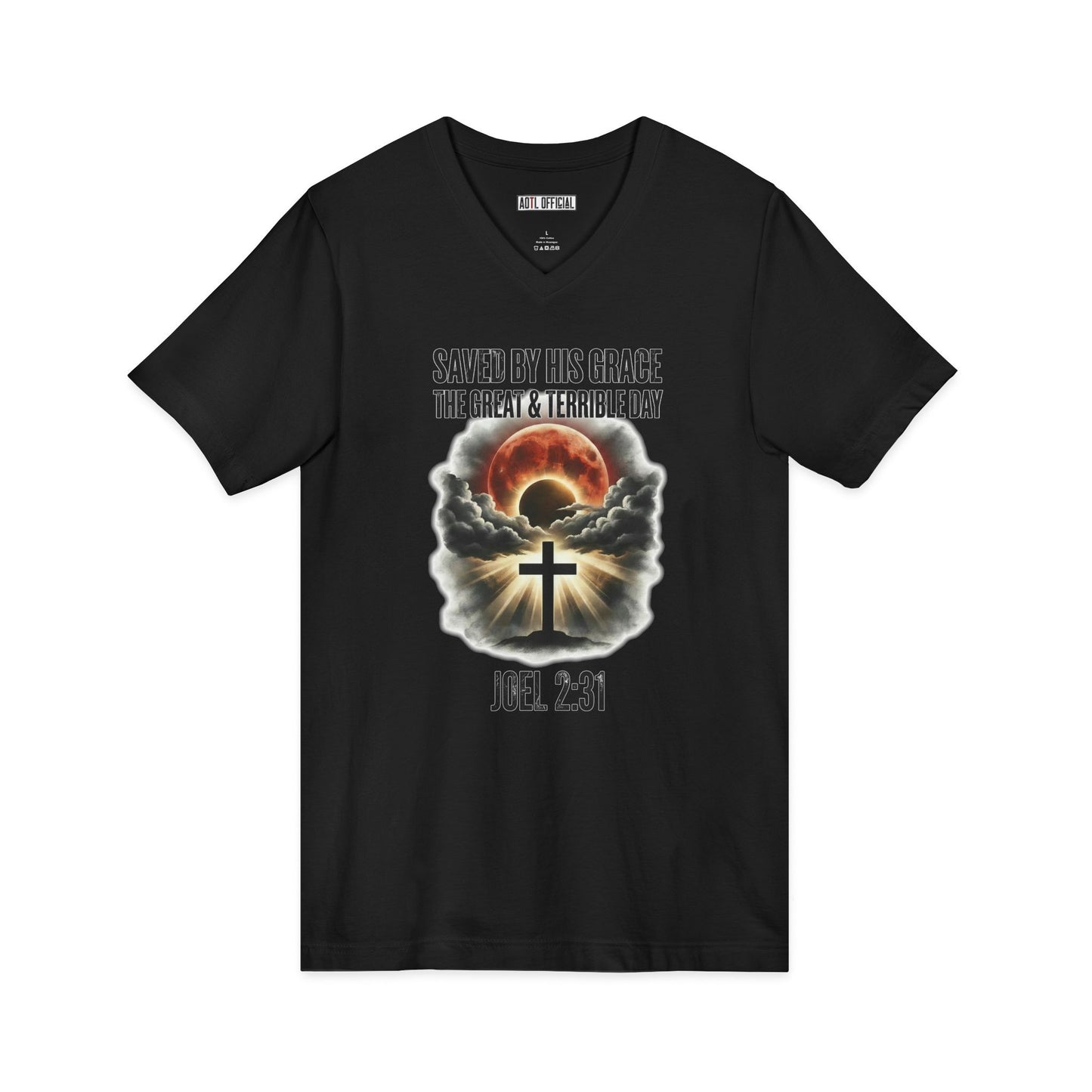 Saved by His Grace – The Great and Terrible Day (Joel 2:31) V-Neck Tee