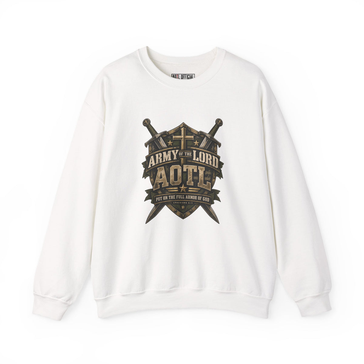 AOTL — Full Armor of God Christian Sweatshirt. A rugged shield, crossed swords, and bold lettering create a powerful expression of steadfast faith.