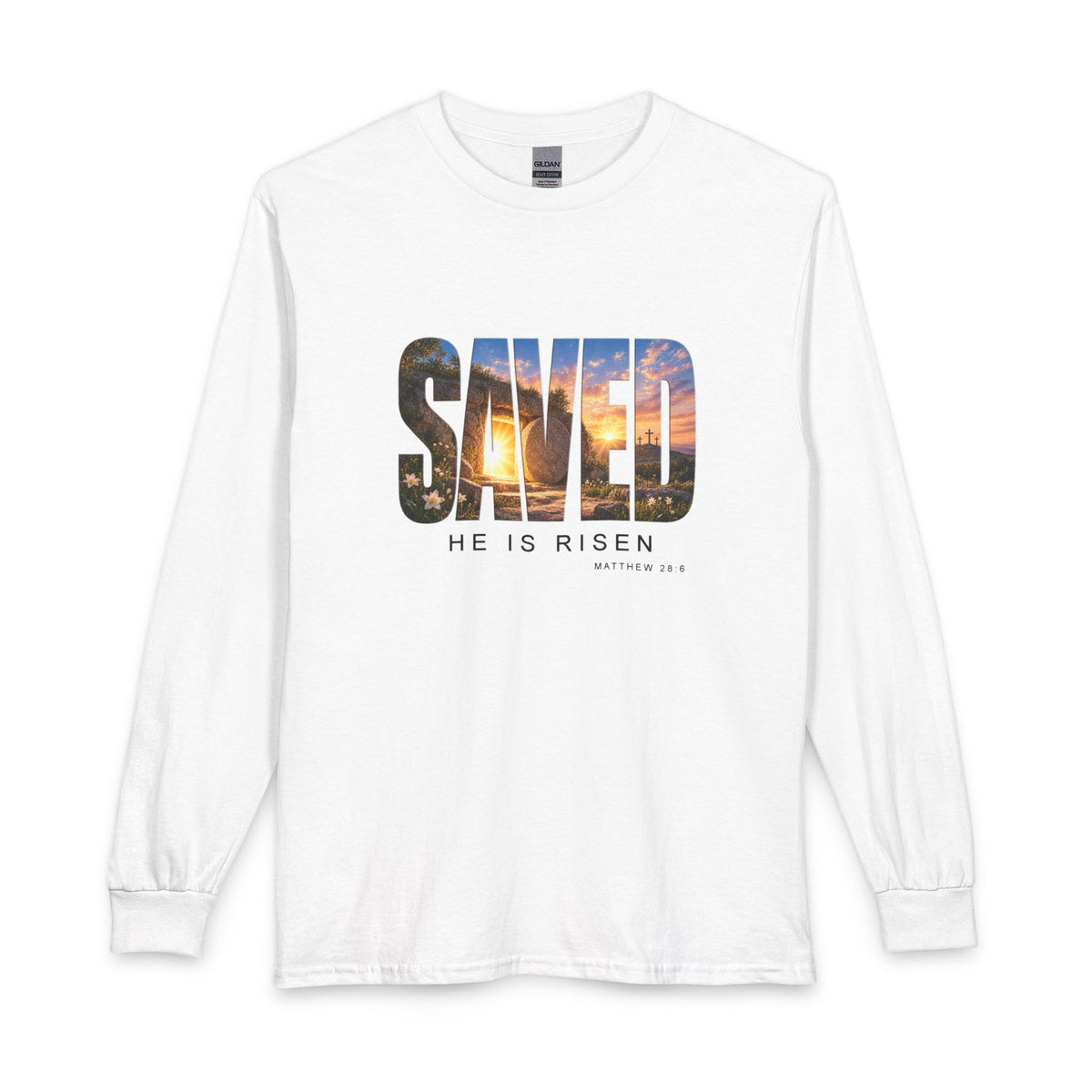 Shop the Saved-He Is Risen Christian Long Sleeve Shirt.  Inspired by Matthew 28:6, this design declares the victory of Jesus and the promise of new life.