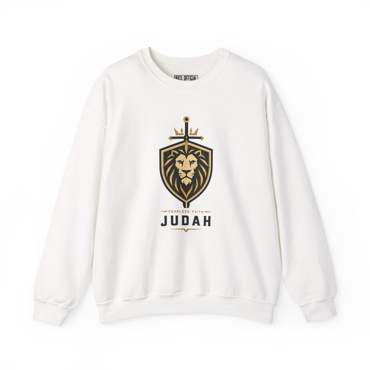 Judah — Fearless Faith Christian Sweatshirt. A striking geometric lion, black-and-gold shield, and sword create a bold, modern emblem of courage. 
