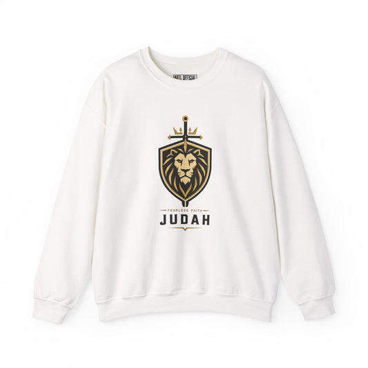 Judah — Fearless Faith Christian Sweatshirt. A striking geometric lion, black-and-gold shield, and sword create a bold, modern emblem of courage. 