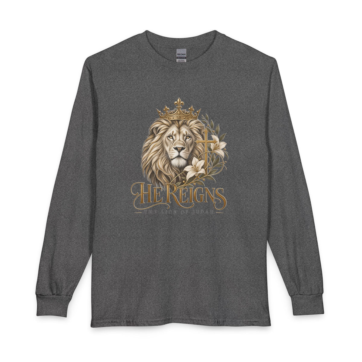 Lion of Judah — He Reigns Christian Long Sleeve Shirt