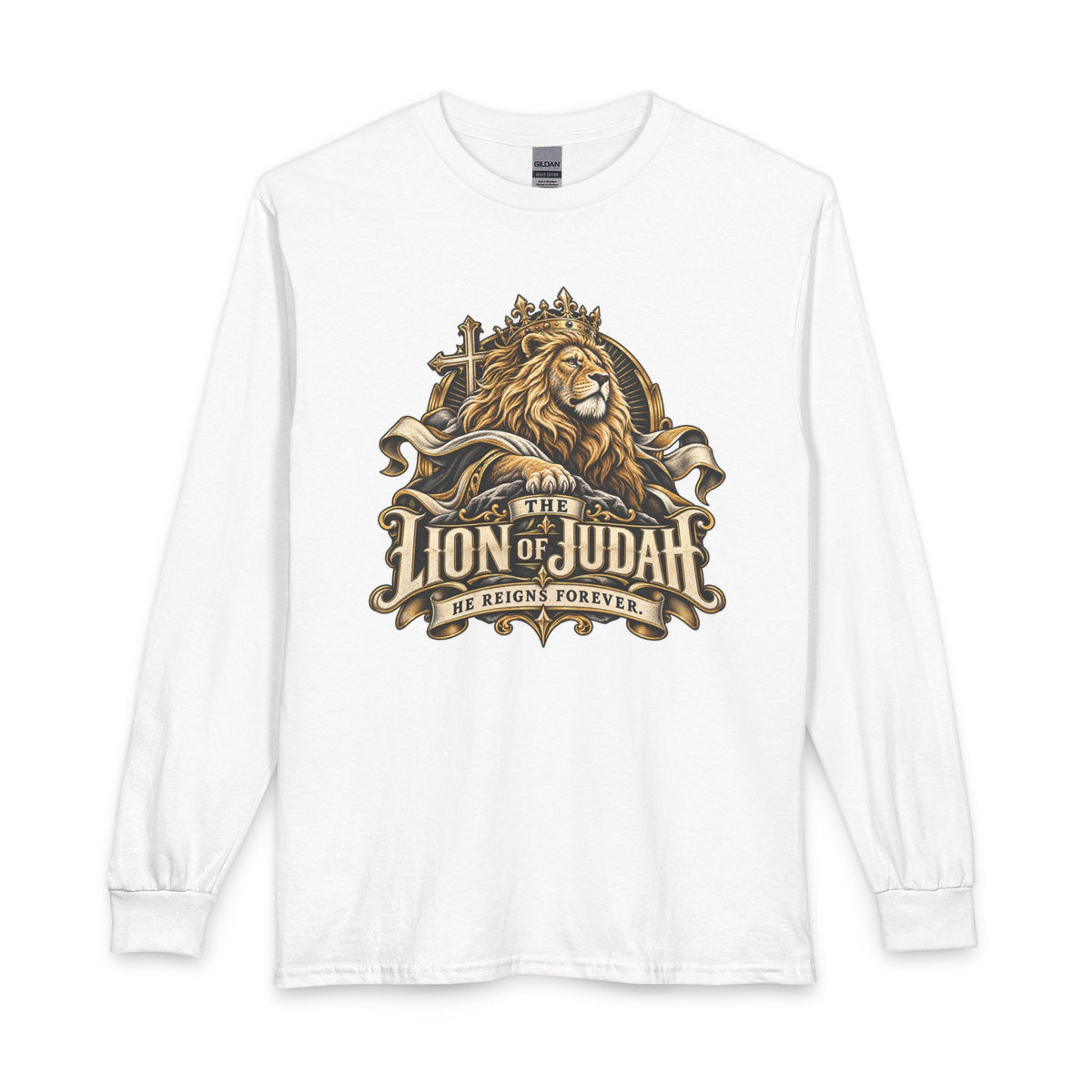 Lion of Judah — He Reigns Forever Christian Long Sleeve Shirt. Wear a declaration of unwavering faith in the King whose reign has no end.