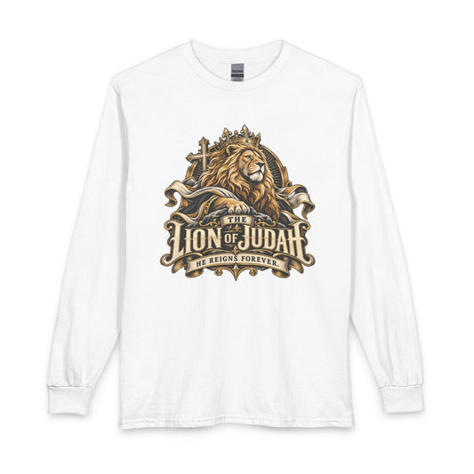 Lion of Judah — He Reigns Forever Christian Long Sleeve Shirt. Wear a declaration of unwavering faith in the King whose reign has no end.