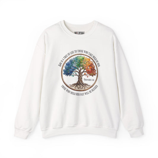 Colorful Tree of Life featuring Proverbs 3:18 Unisex Heavy Blend™ Crewneck Sweatshirt