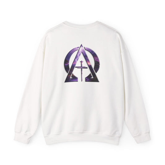 Declaring Your Destiny Purple -Teal logo/ Alpha & Omega Purple Lightning  Unisex Heavy Blend™ Crewneck Sweatshirt