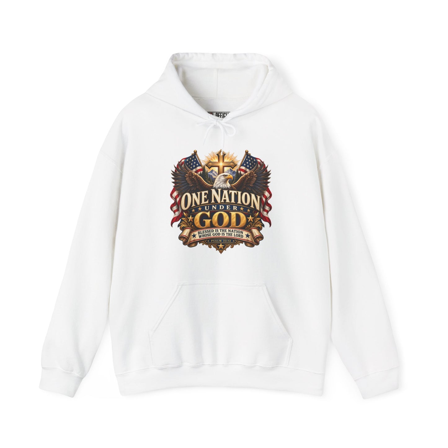Shop the One Nation Under God Christian Hoodie. A powerful expression of faith and prayer for our nation, inspired by Psalm 33:12.