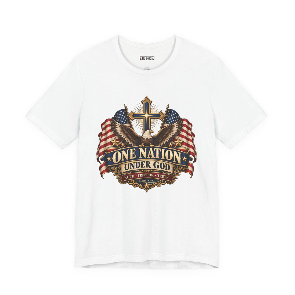 One Nation Under God — Faith, Freedom & Truth Christian T-shirt.  Inspired by Psalm 33:12, this design celebrates love of country and a heart rooted in God. 