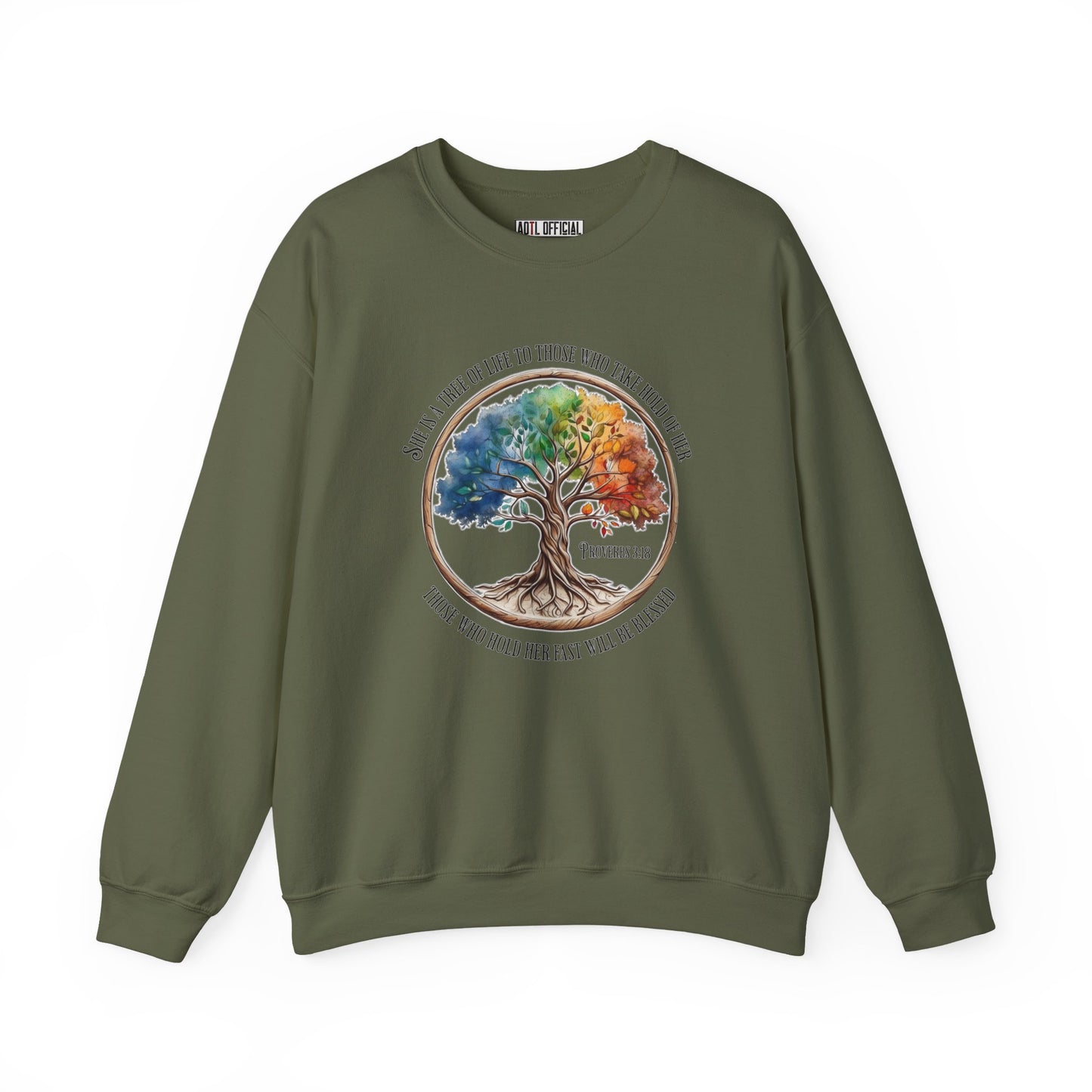 Colorful Tree of Life featuring Proverbs 3:18 Unisex Heavy Blend™ Crewneck Sweatshirt