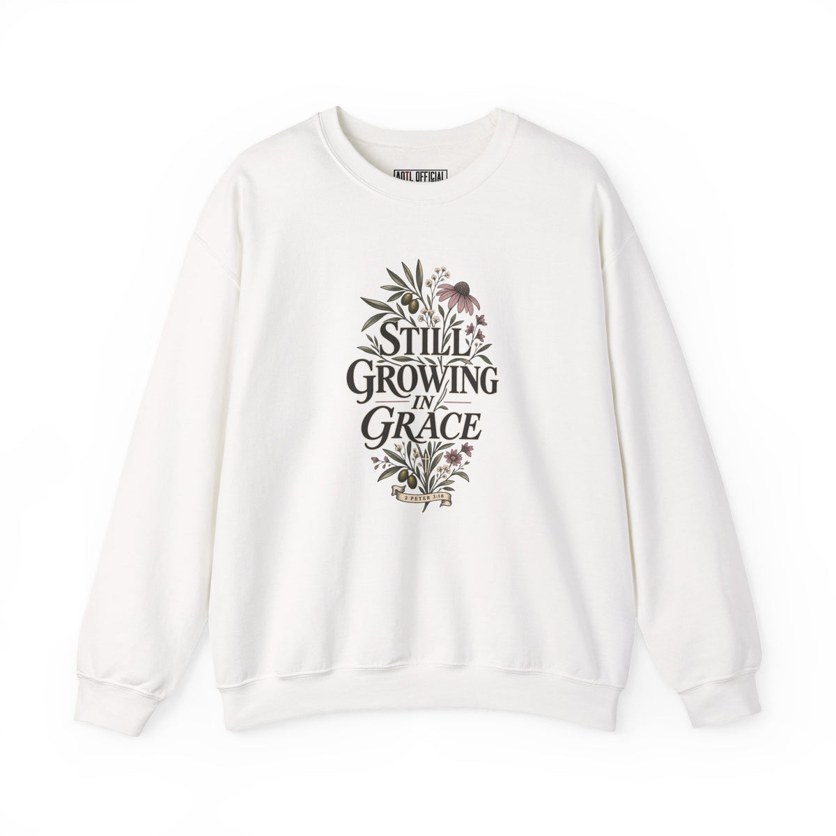 Shop the Still Growing in Grace Christian Sweatshirt. Inspired by 2 Peter 3:18, this floral design represents the ongoing journey of becoming more like Christ. 