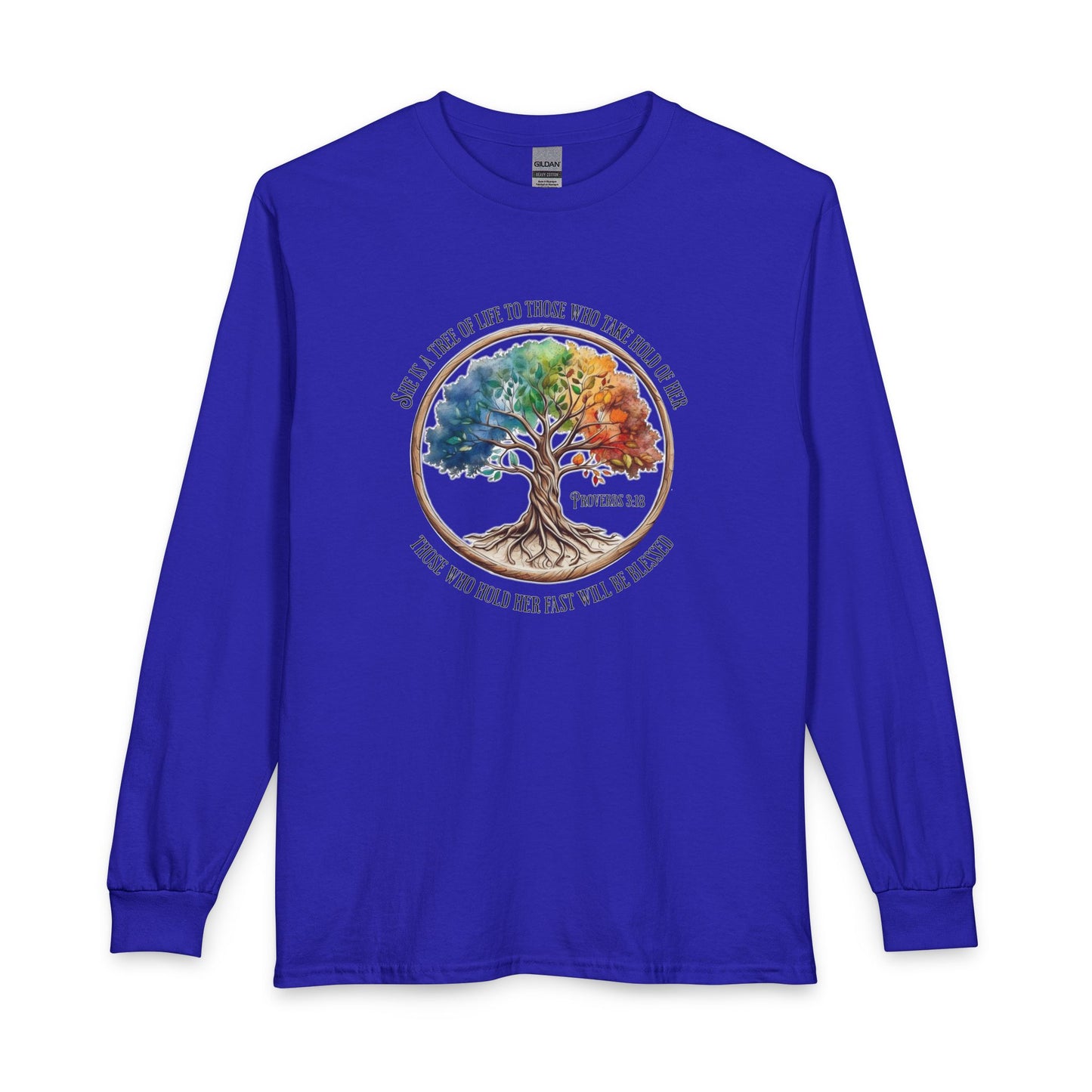 Colorful Tree Of Life featuring Proverbs 3:18 Christian Long Sleeve Shirt