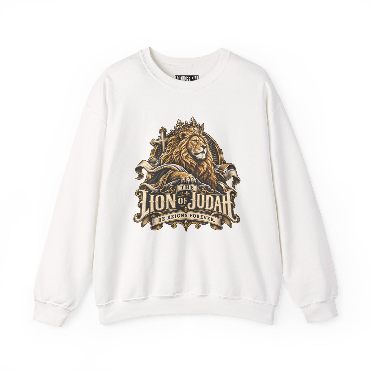 Lion of Judah —He Reigns Forever Christian Sweatshirt. A majestic crowned lion, ornate gold details, and a cross celebrate the power and authority of Jesus. 