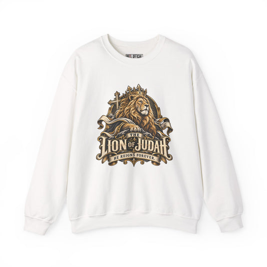 Lion of Judah —He Reigns Forever Christian Sweatshirt. A majestic crowned lion, ornate gold details, and a cross celebrate the power and authority of Jesus. 