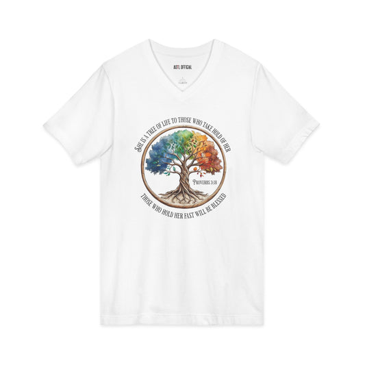 Colorful Tree of Life Proverbs 3:18  V-Neck Tee