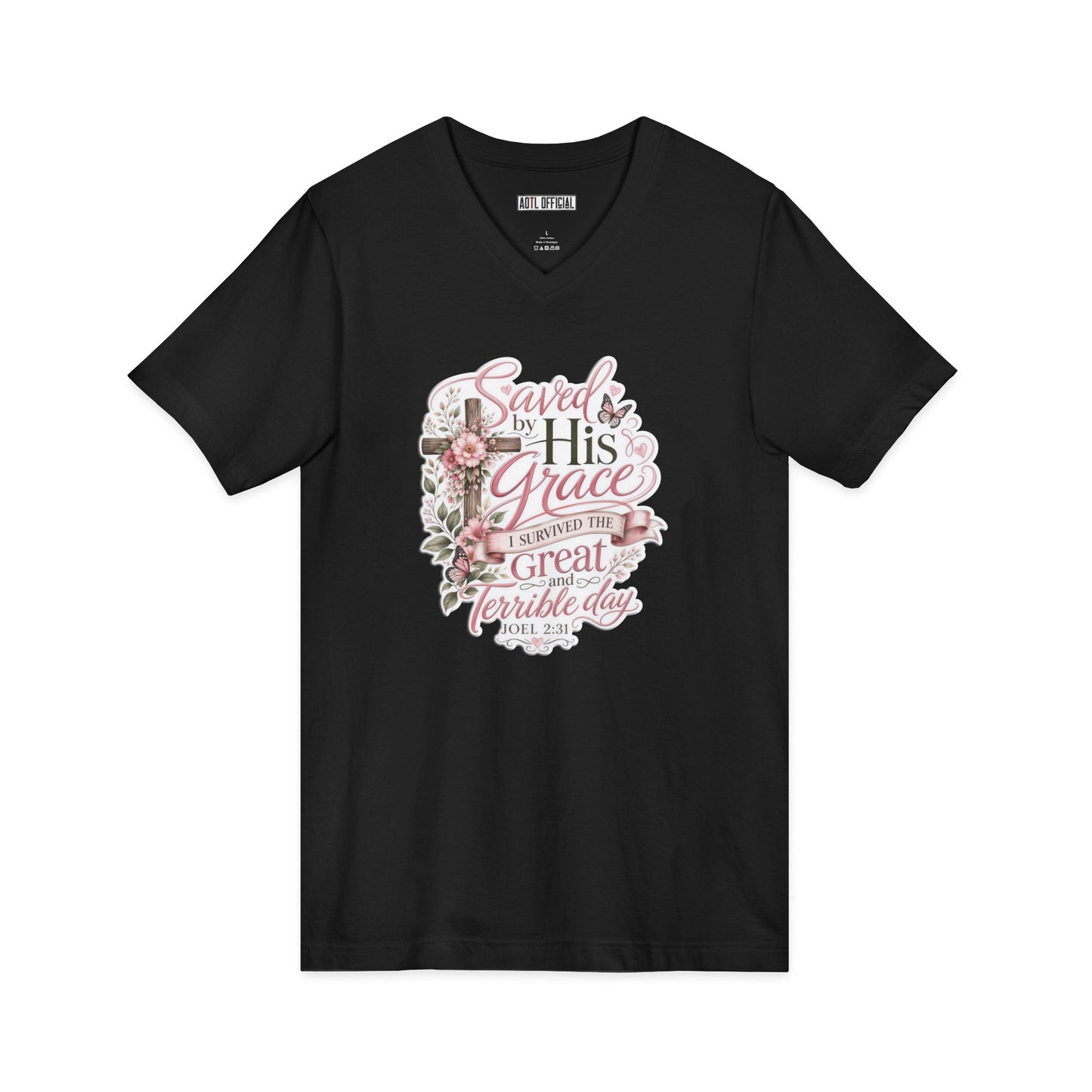 Grace in Bloom – I Survived the Great and Terrible Day (Joel 2:31)  V-Neck Tee