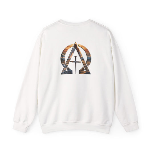 Declaring Your Destiny Blue & Gold Logo/ Alpha & Omega Jesus walking On Water Unisex Heavy Blend™ Crewneck Sweatshirt