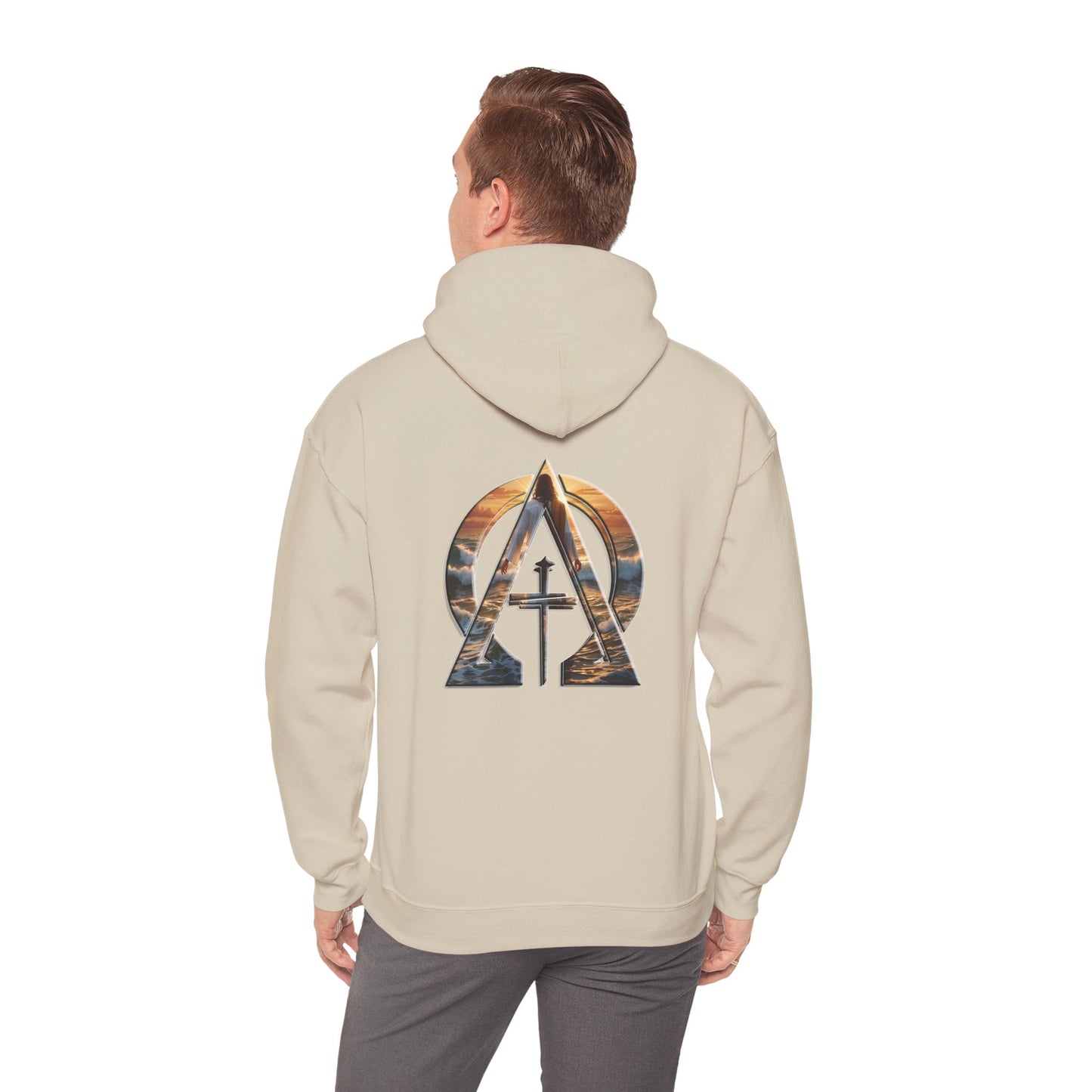 Declaring Your Destiny Blue & Gold logo/ Alpha & Omega Jesu Walking On Water Unisex Heavy Blend™ Hooded Sweatshirt