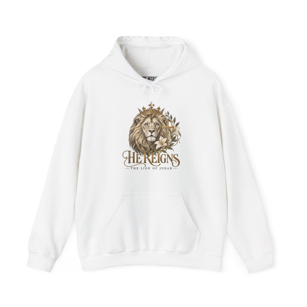 Lion of Judah — He Reigns Christian  Hoodie. A majestic crowned lion, delicate white lilies, and an ornate gold cross create an elegant declaration of faith. 