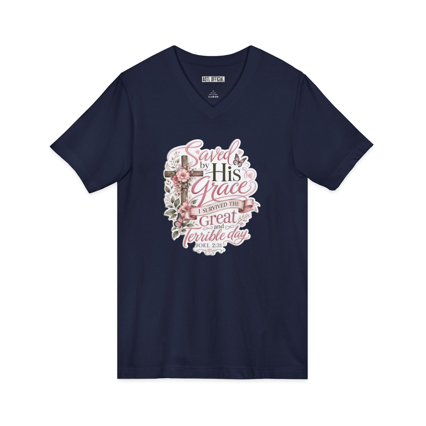 Grace in Bloom – I Survived the Great and Terrible Day (Joel 2:31)  V-Neck Tee