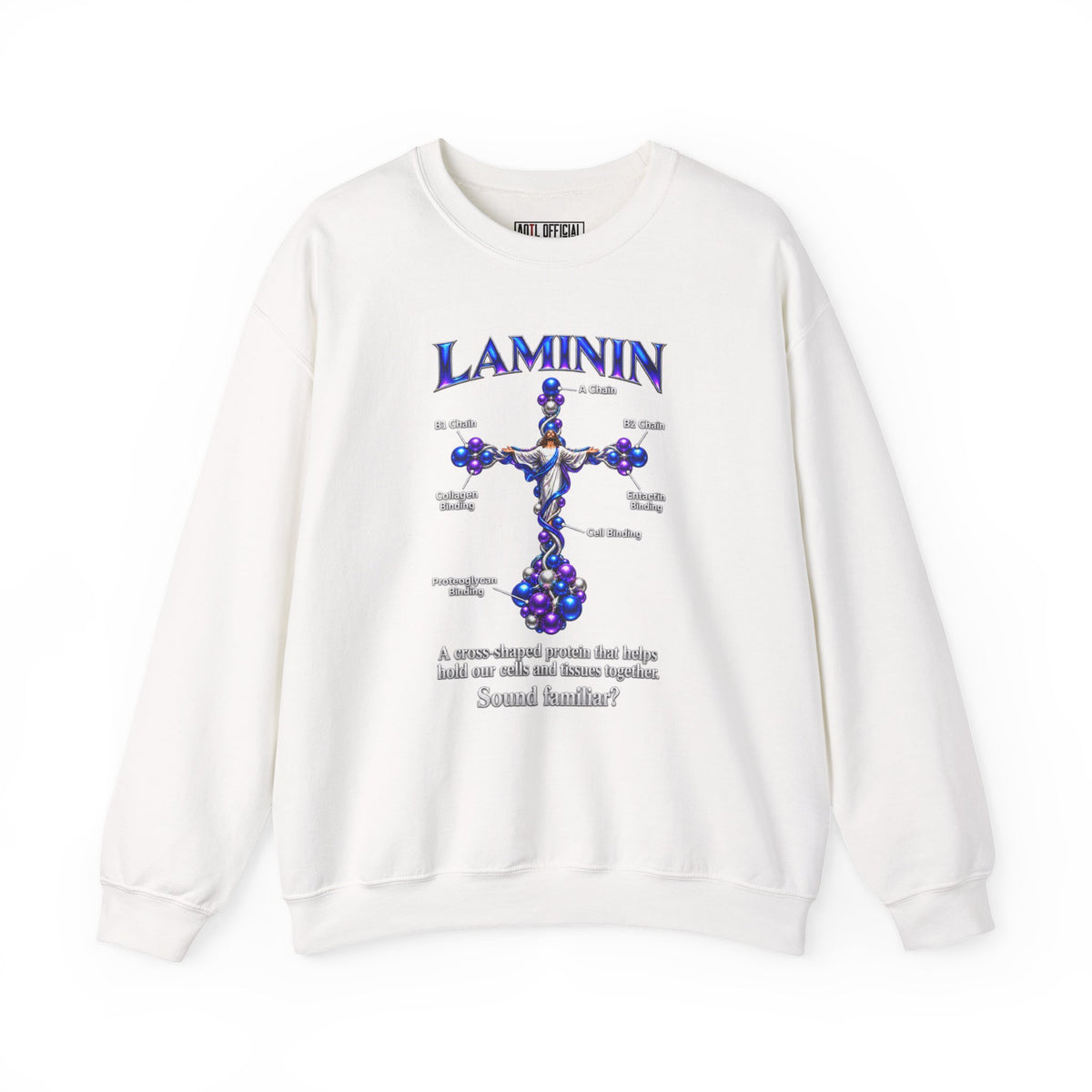 LAMININ Cross Design Christian Sweatshirt. Inspired by the protein’s role in cell adhesion, this graphic pairs science with Christian symbolism.