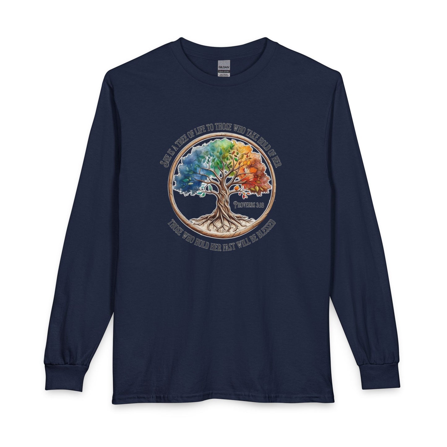 Colorful Tree Of Life featuring Proverbs 3:18 Christian Long Sleeve Shirt