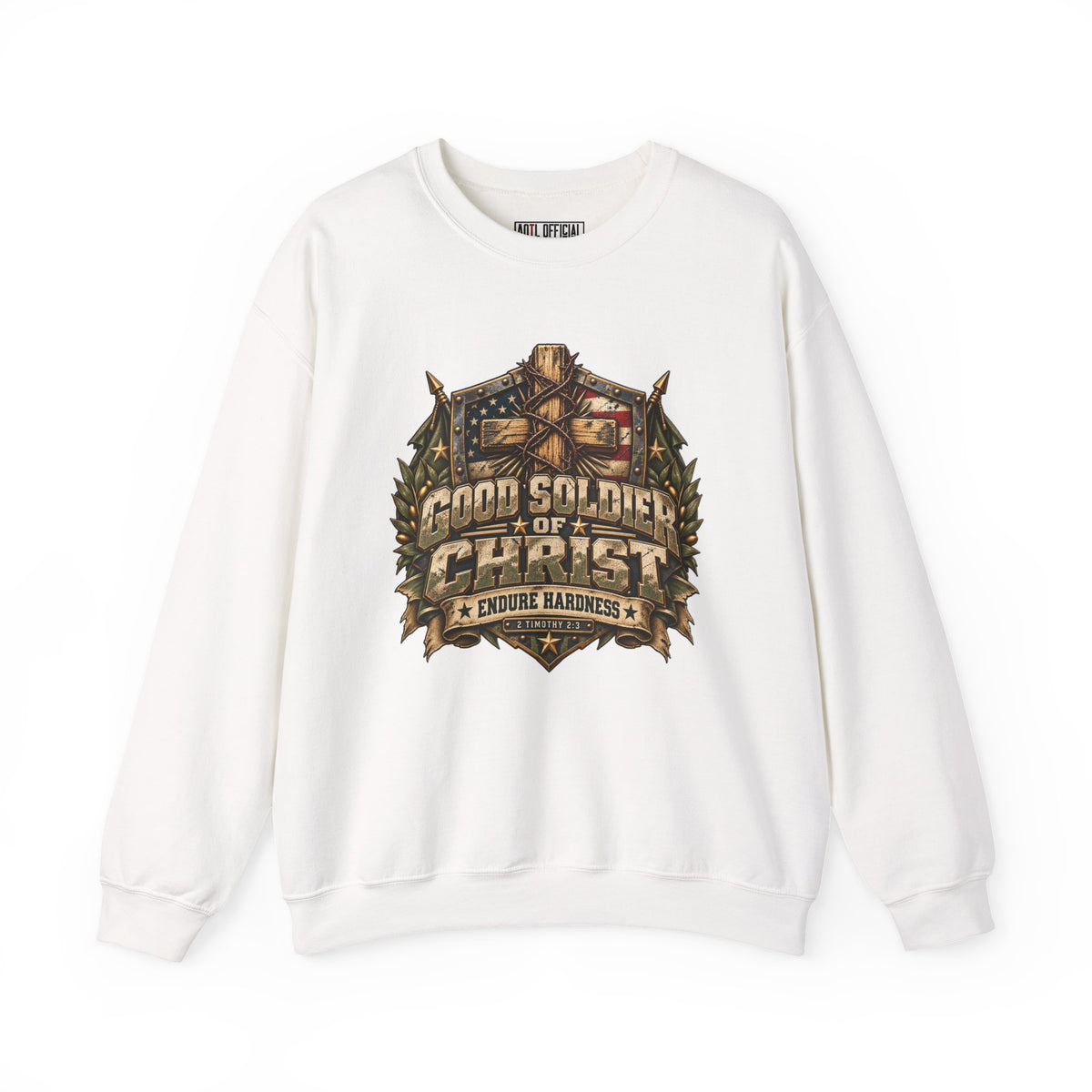 Good Soldier of Christ — Endure Hardness Christian Sweatshirt. A weathered shield, American flag, and thorn-wrapped cross give this design its rugged character.