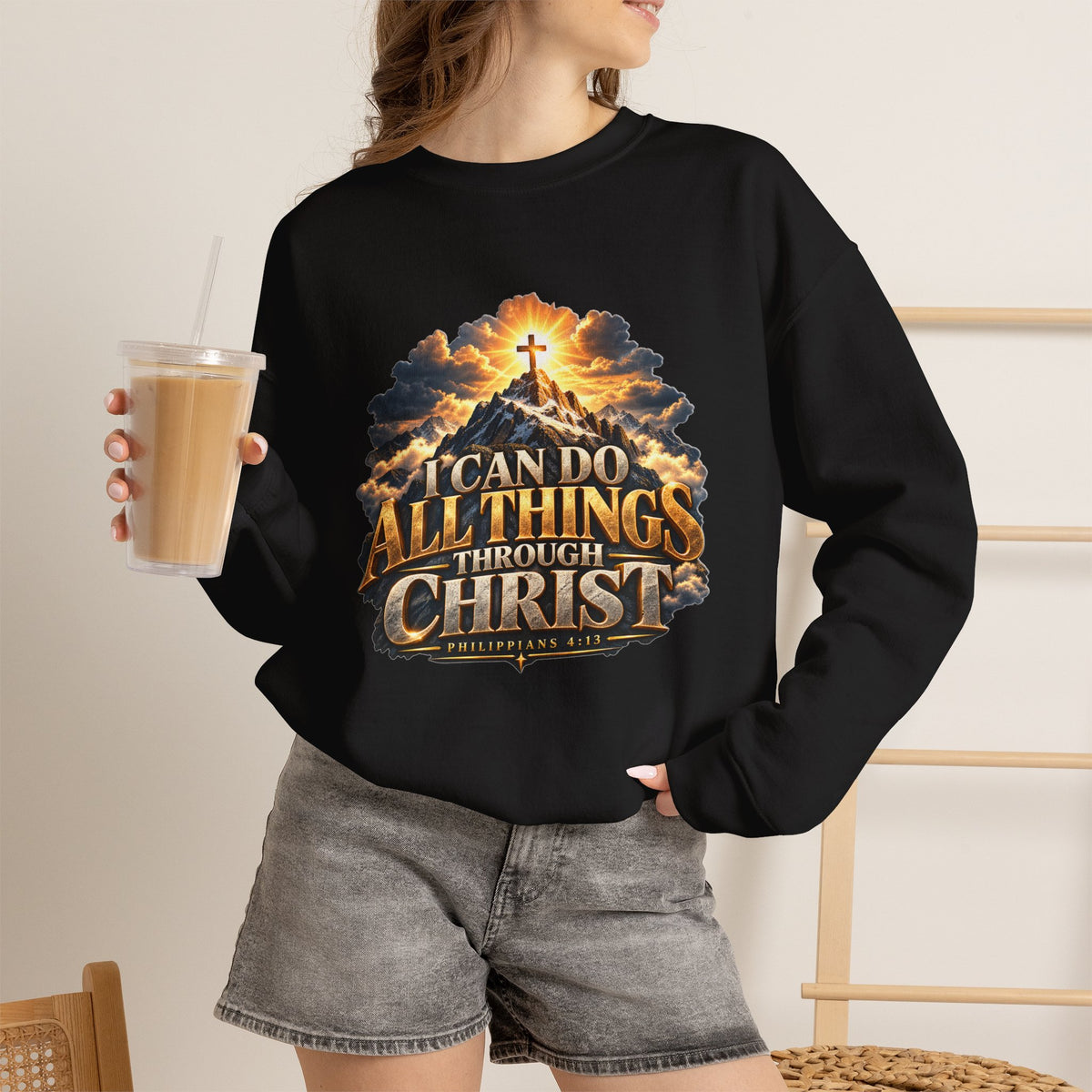I Can Do All Things Through Christ – Philippians 4:13 Mountain Cross Design Christian  Sweatshirt