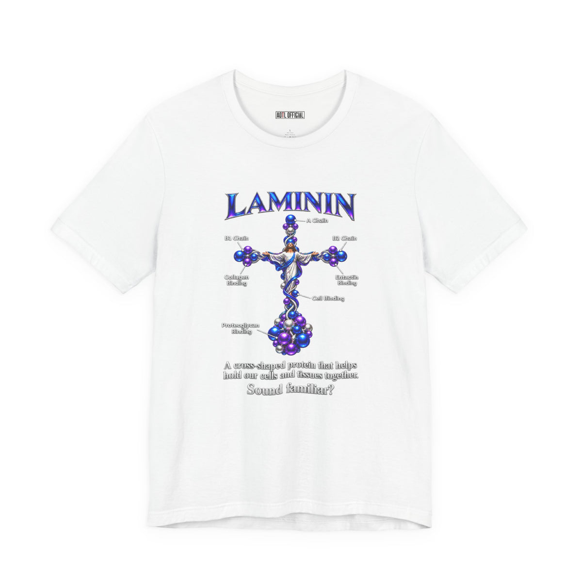 LAMININ Christian Cross Design,  Inspired by the protein’s role in cell adhesion, this graphic pairs science with Christian symbolism.