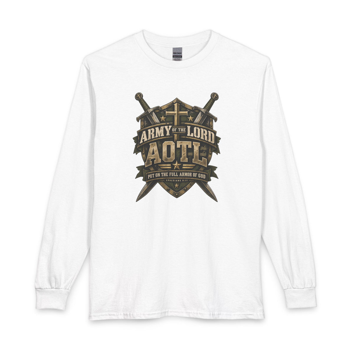 Full Armor of God Christian Long Sleeve Shirt. Inspired by Ephesians 6:11, this design reminds you to put on God’s full armor and face each day with courage. 