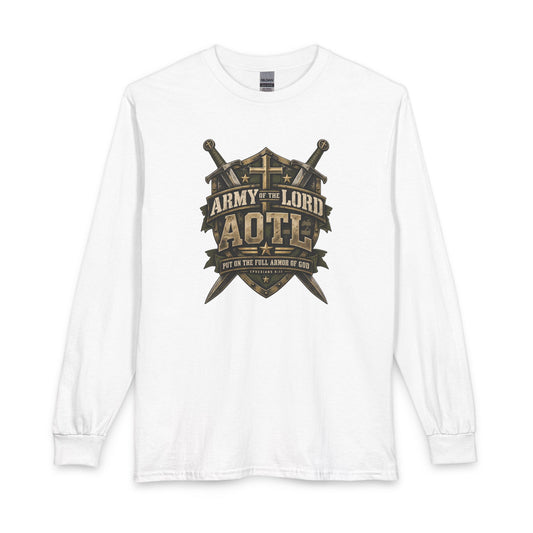 Full Armor of God Christian Long Sleeve Shirt. Inspired by Ephesians 6:11, this design reminds you to put on God’s full armor and face each day with courage. 