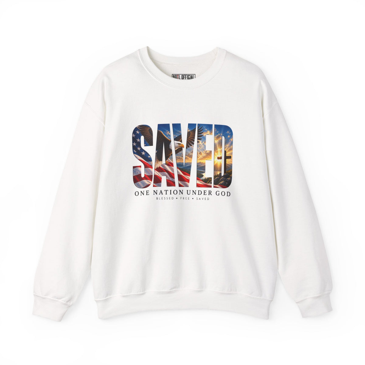Saved-One Nation Under God Christian Sweatshirt. A bold statement of gratitude for a life blessed, free, and saved. 