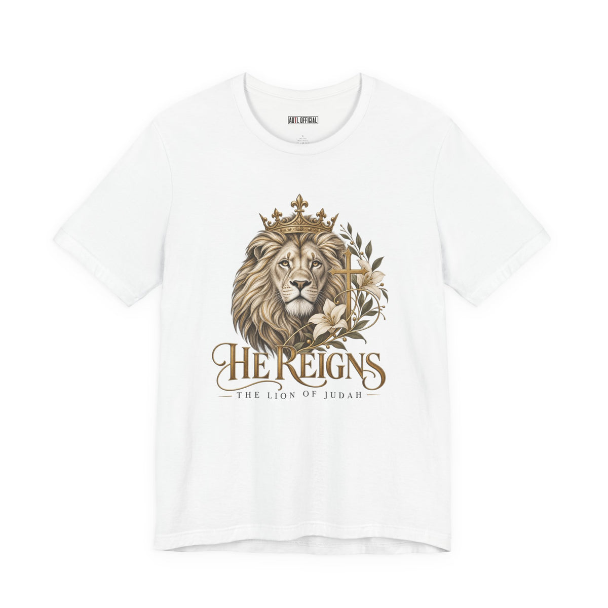 Lion of Judah-He Reigns Christian T-shirt. This design celebrates the reign of Jesus and reminds you to walk confidently in the strength and peace of your King.