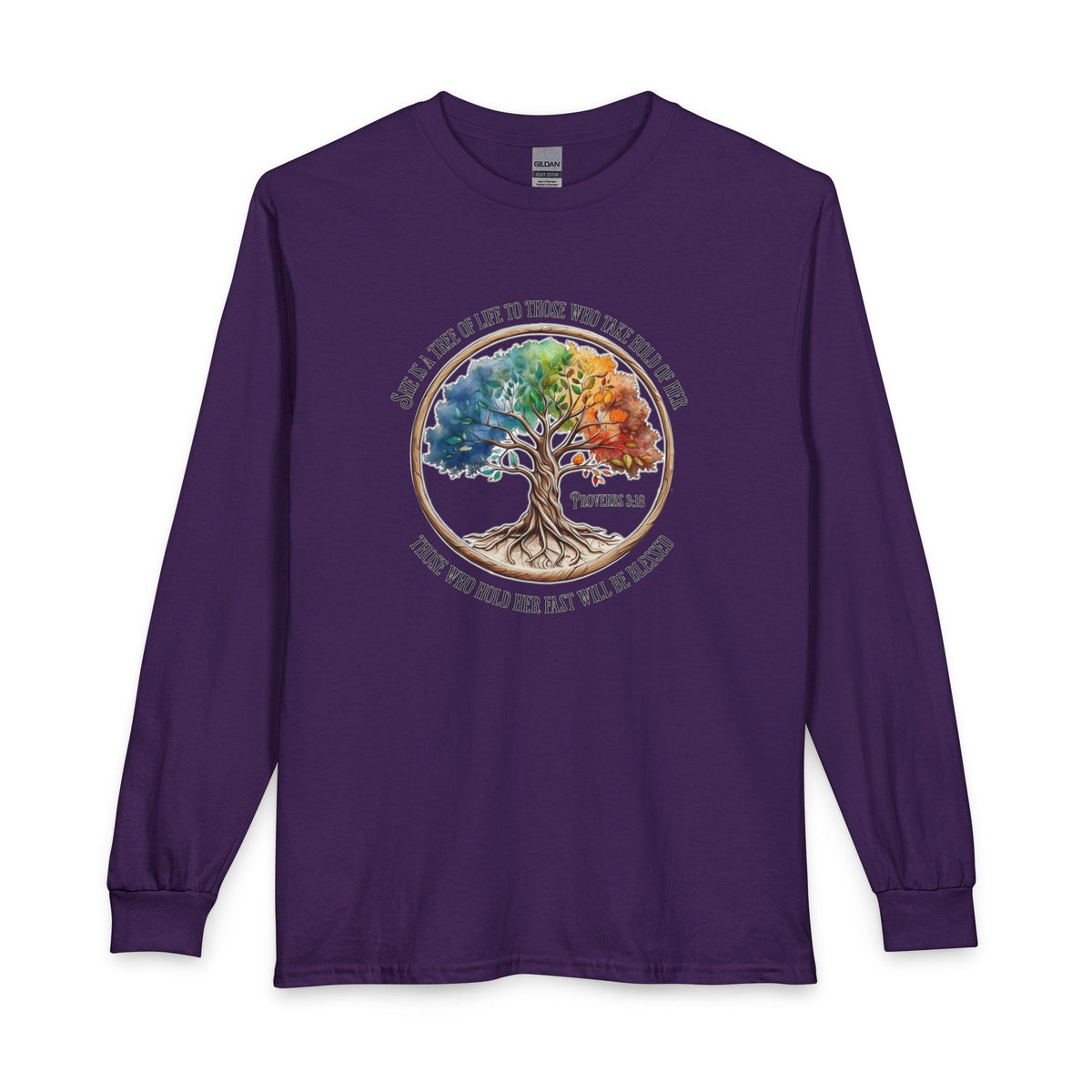 Colorful Tree Of Life featuring Proverbs 3:18 Christian Long Sleeve Shirt