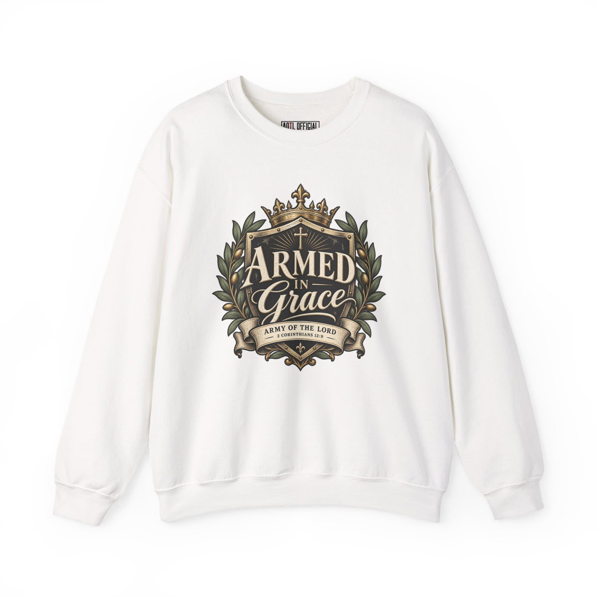 Armed in Grace Christian Sweatshirt. An elegant crowned shield, olive branches, and flowing lettering celebrate the strength found in God’s grace. 